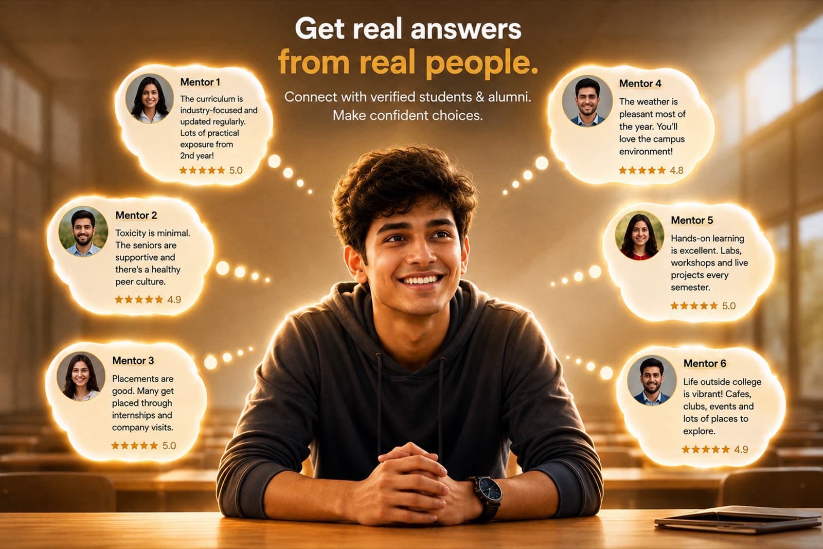 Get real answers from real people. Connect with verified students and alumni, make confident choices. A smiling mentor sits in a sunlit classroom surrounded by six mentor quote cards about curriculum, campus culture, placements, hands-on learning, and campus life, each with a five-star-range rating.